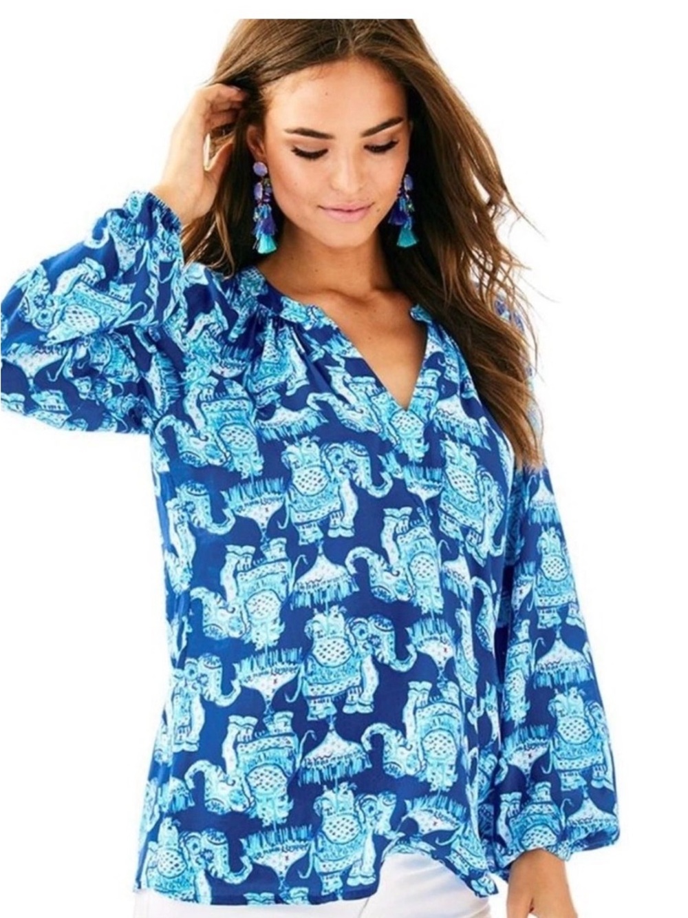EUC Lilly Pulitzer Martinique Blouse "Joy Ride" Deep Indigo Elephants Small